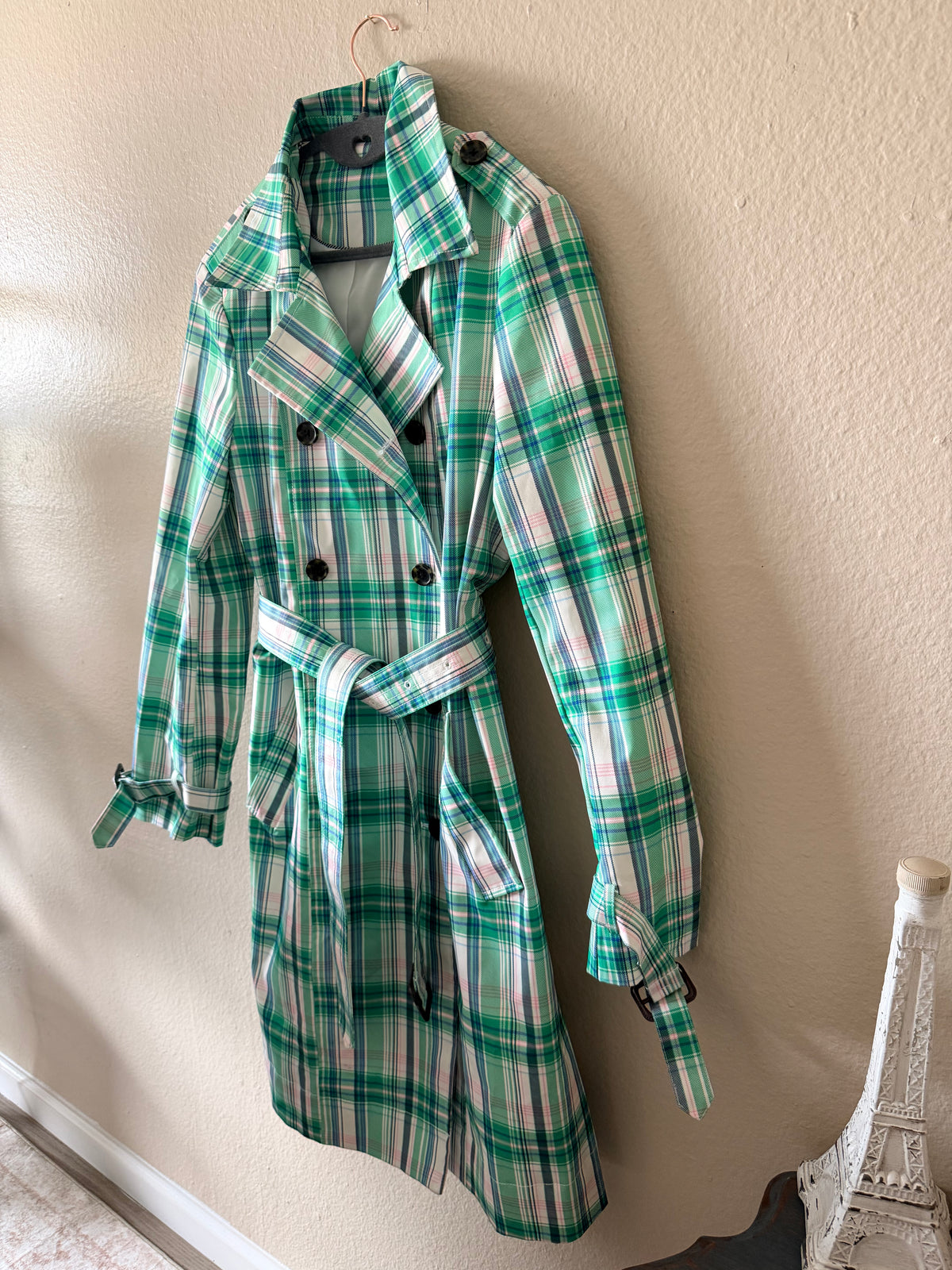 True Green Plaid Belted Trench Coat