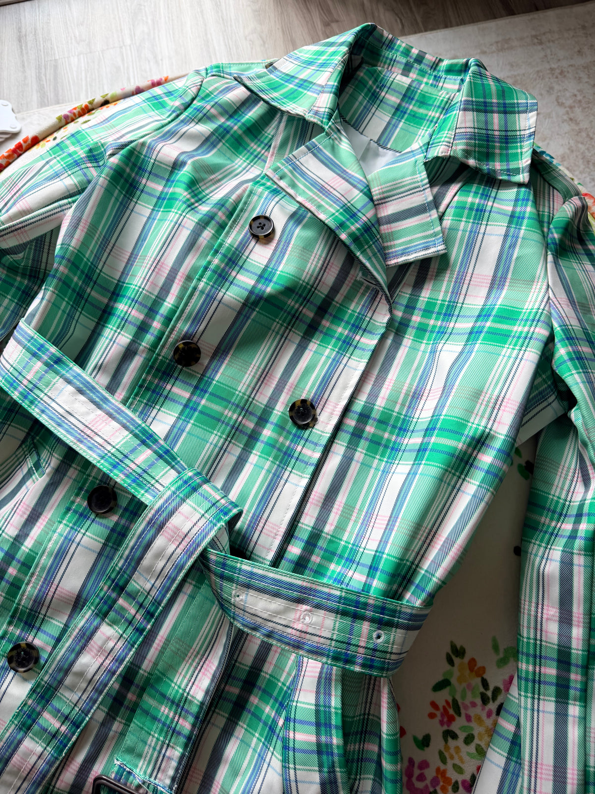 True Green Plaid Belted Trench Coat